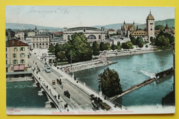 Ansichtskarte AK Zürich / Hauptbahnhof / 1905 / Bahnhofbrücke – Straßenbahn – Landesmuseum – Gebäude – Brücke